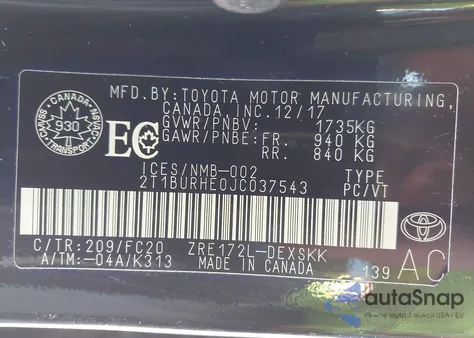 2018 Toyota Corolla Se z USA, uszkodzony, nr VIN 2T1BURHE0JC037543